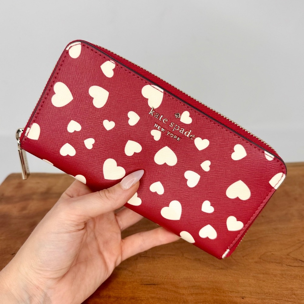 Kate Spade New York Staci Heart Large Continental Wallet Red White Zip Around - Picture 3 of 11